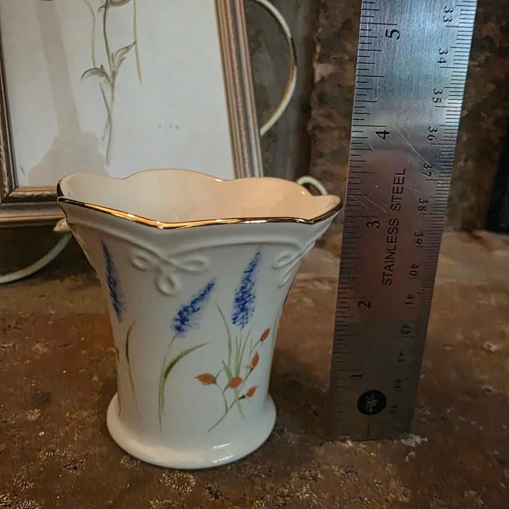 Lenox Ivory China Floral Vase Gold Trim Scalloped Rim Blue Lavender 4.5 Inch